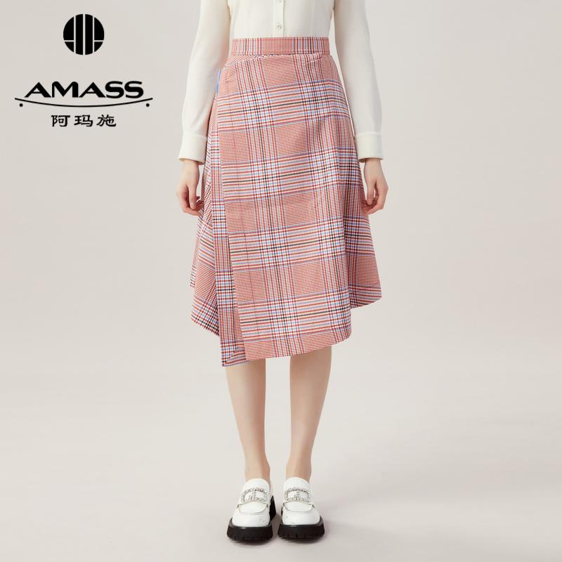 AMASS阿玛施 经典格纹高腰不规则半身长裙 5200362
