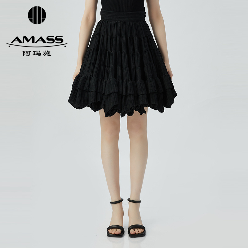 阿玛施AMASS 质感黑柜压褶蓬蓬裙5200363
