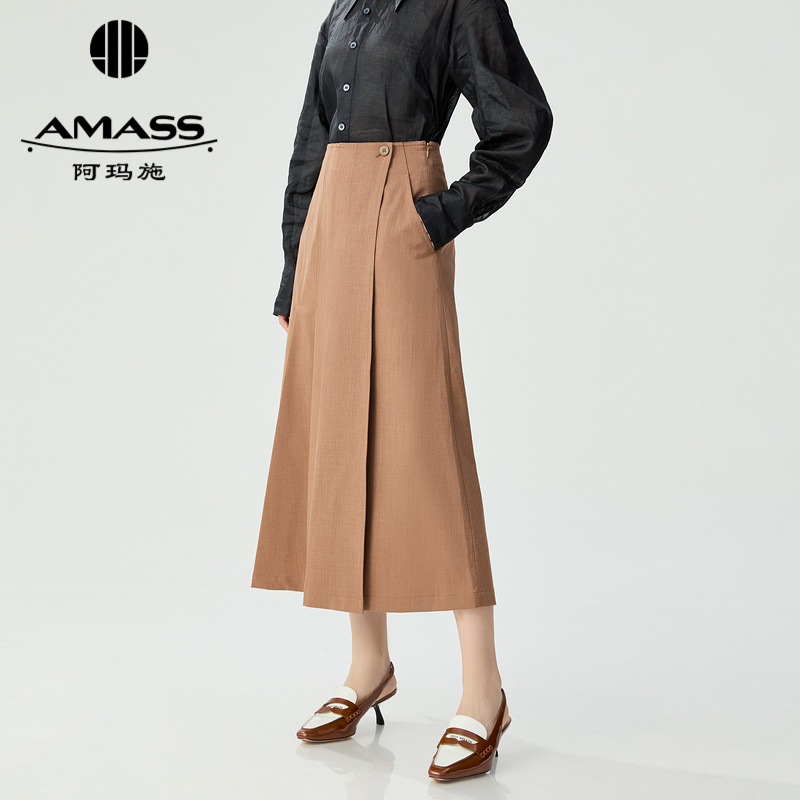 阿玛施AMASS新款优雅轻职场中高腰百褶裙半身裙显瘦长裙女5200382-2