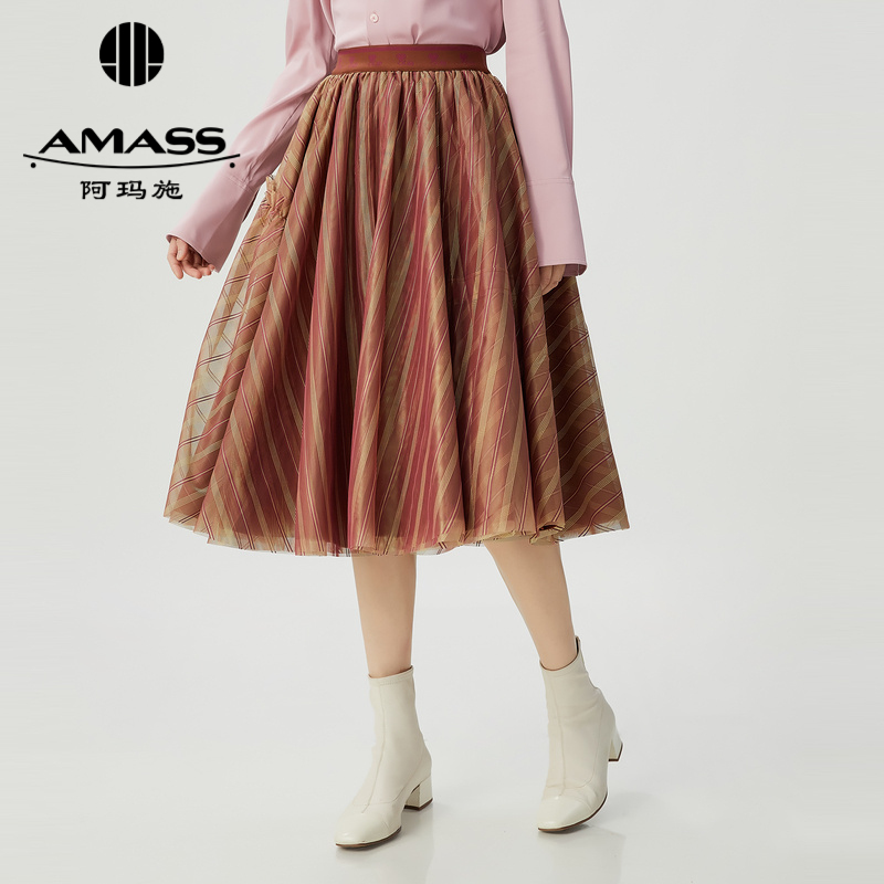 阿玛施AMASS质感复古蒙娜丽莎纱裙松紧腰A字中裙半裙5200383