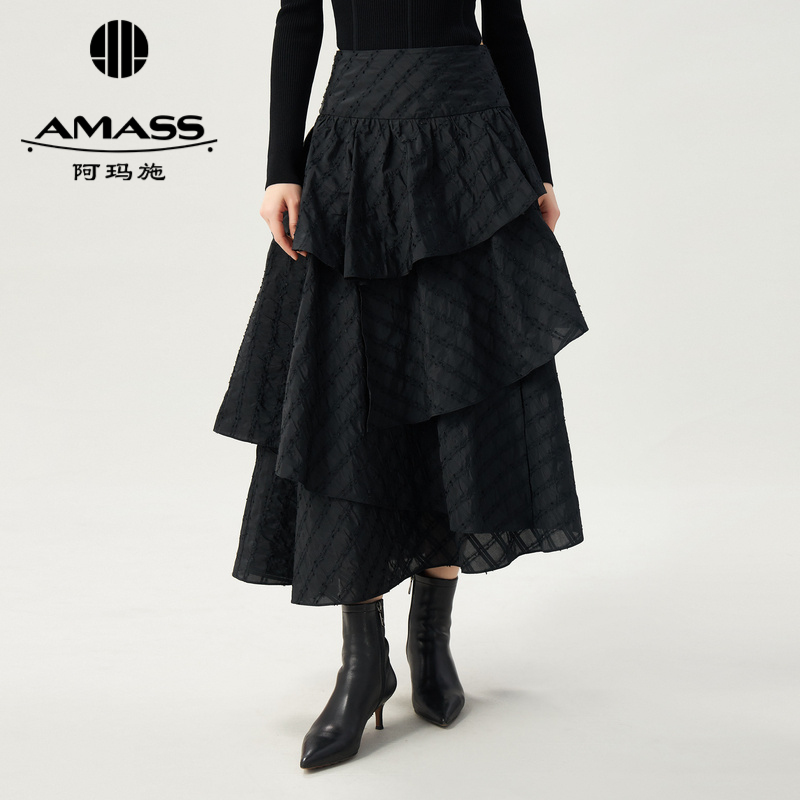 阿玛施AMASS 高级质感黑柜不规则层次高腰半裙5200384