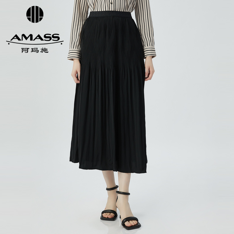 阿玛施AMASS 素面简约松紧腰中长款百褶裙5200387