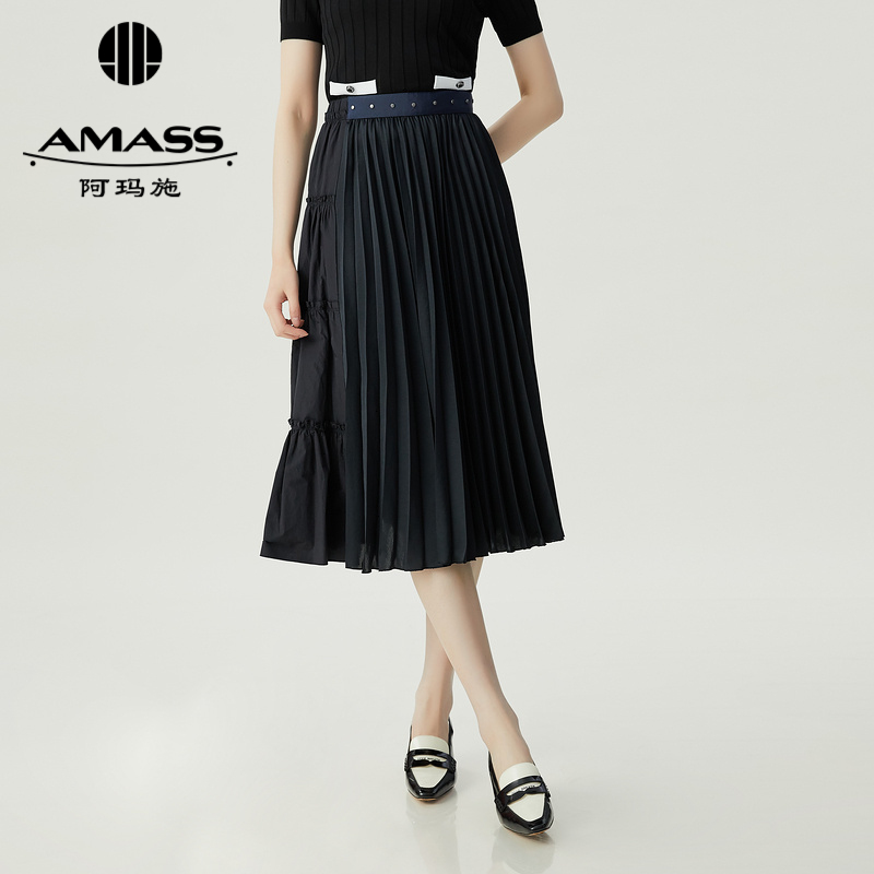 阿玛施AMASS 时髦个性铆钉拼接设计百褶裙5200390