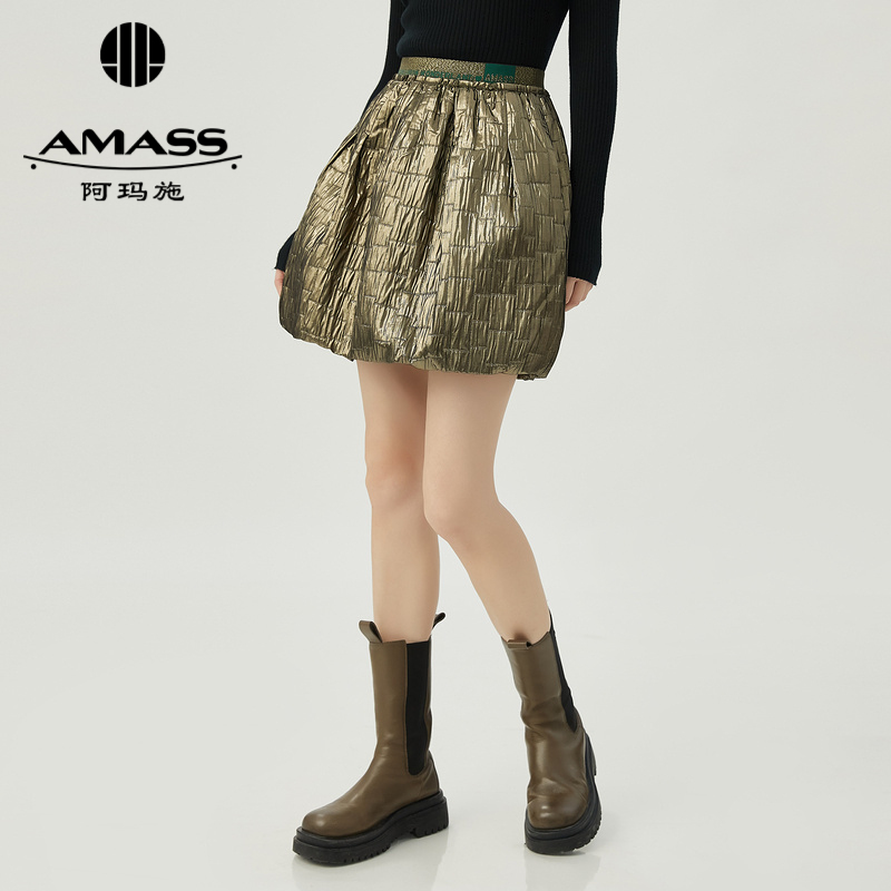 阿玛施AMASS 未来感镭射压褶字母标语松紧腰A版设计感短裙5200391