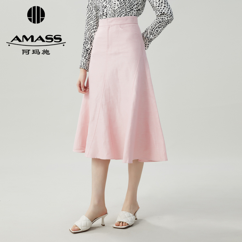 阿玛施AMASS 透气舒爽浪漫花边长款麻料半裙5200392
