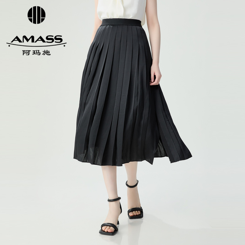 阿玛施AMASS 色丁面感温柔优雅百褶半身裙5200417