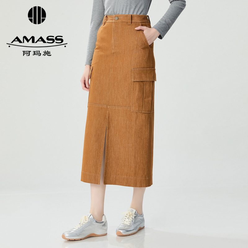 阿玛施AMASS 秋冬复古美拉德工装风中高腰开叉牛仔长裙5200421