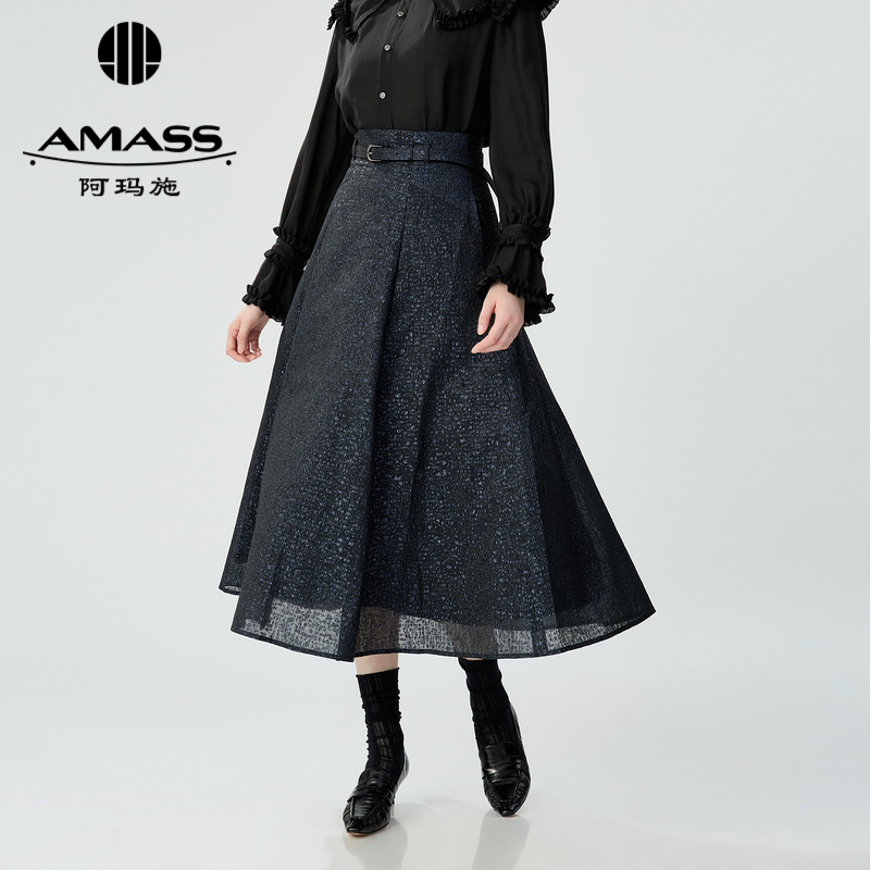 阿玛施AMASS 法式优雅细闪高腰长款伞裙附腰带5200444