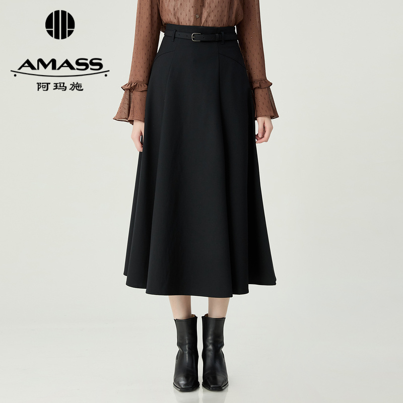 阿玛施AMASS 经典法式优雅利落大方高腰中长款伞裙附腰带5200444