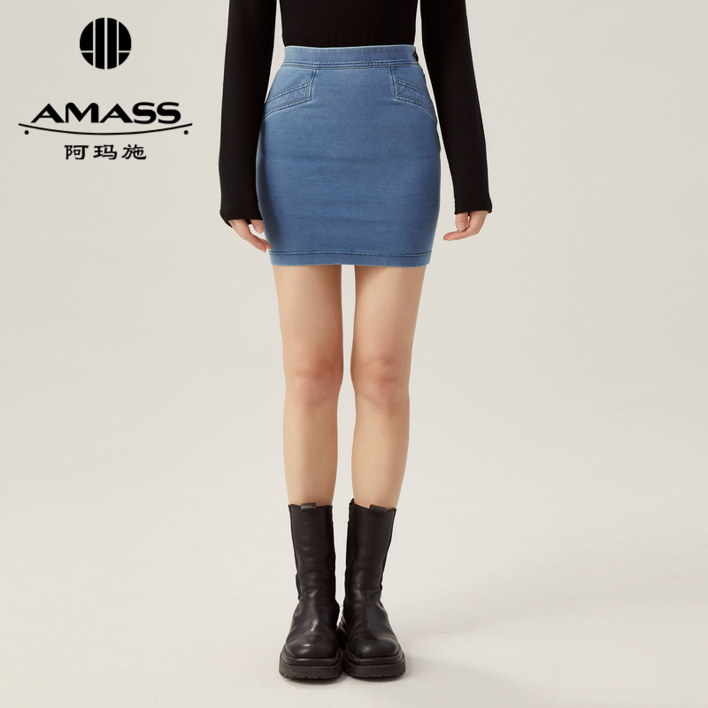 阿玛施AMASS 松紧腰高弹针织牛仔系列短包裙5200451