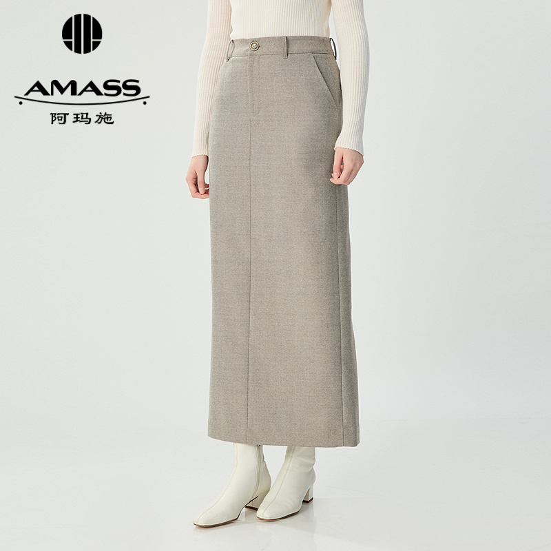 阿玛施AMASS 秋冬时尚极简风利落通勤气质直筒后开衩长裙5200472