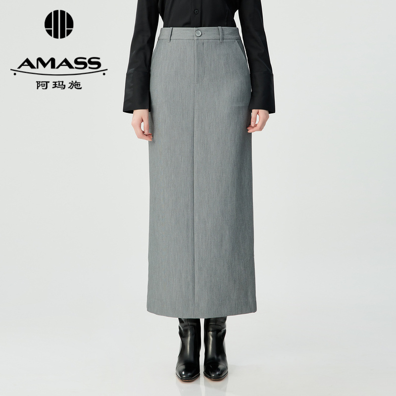 阿玛施AMASS 新款时尚极简风利落通勤气质直筒后开衩长裙女5200472
