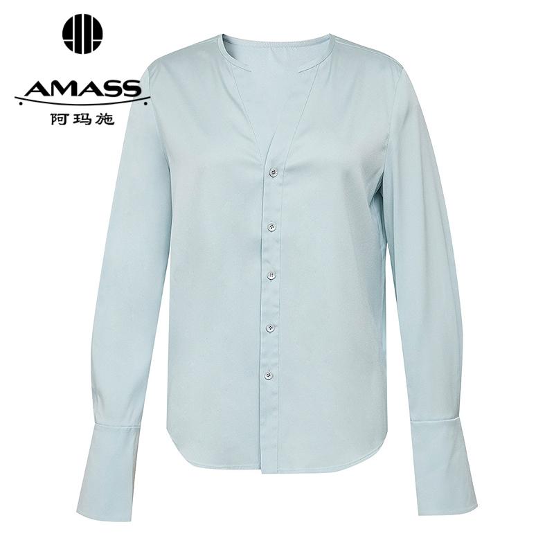 阿玛施AMASS 质感通勤桑蚕丝圆V领小喇叭袖衬衫530005