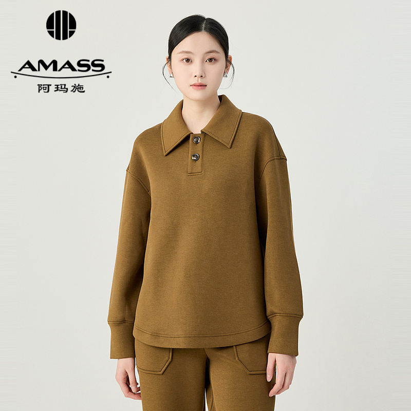 阿玛施AMASS 简约休闲舒适随性圆弧下摆polo领长袖卫衣530015
