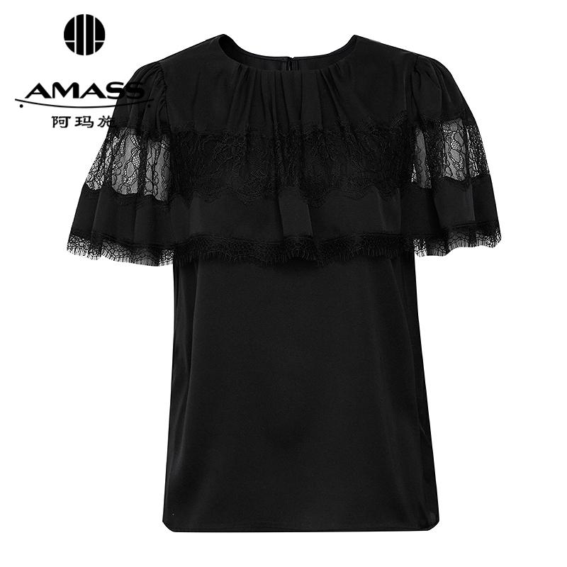 阿玛施AMASS 时尚优雅领口垂边蕾丝短袖上衣530018