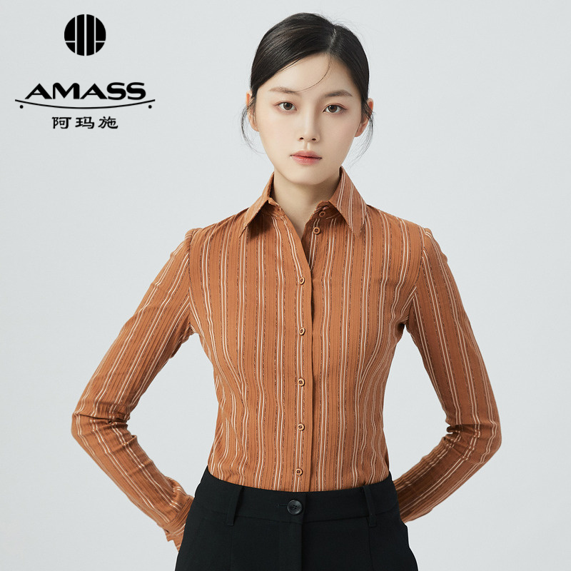 阿玛施AMASS 复古条纹色彩通勤修身长袖衬衣5300217