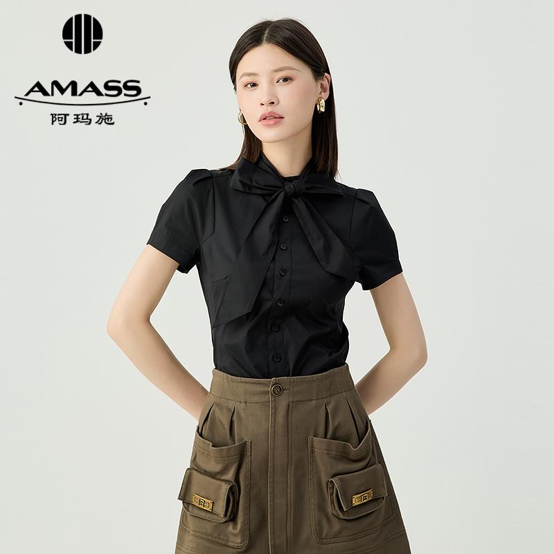 阿玛施AMASS 温柔俏皮圆领花苞袖短袖衬衫附领带530024