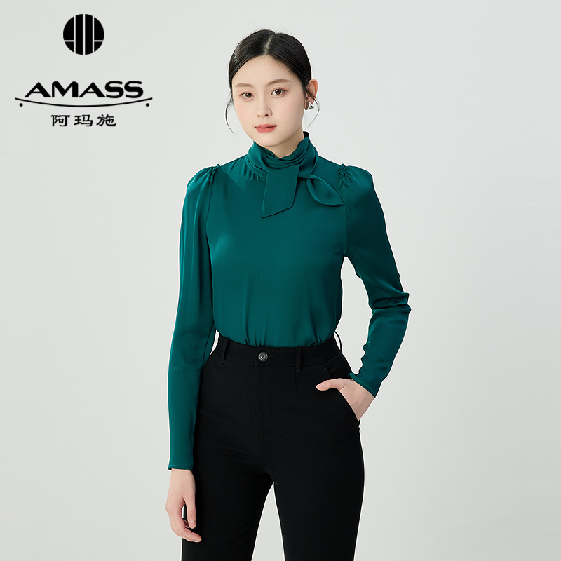 阿玛施AMASS 浪漫温婉肩位花边飘带长袖衬衫530025
