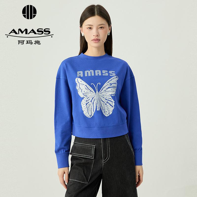 阿玛施AMASS 质感刷银蝴蝶工艺圆领合身版卫衣530027