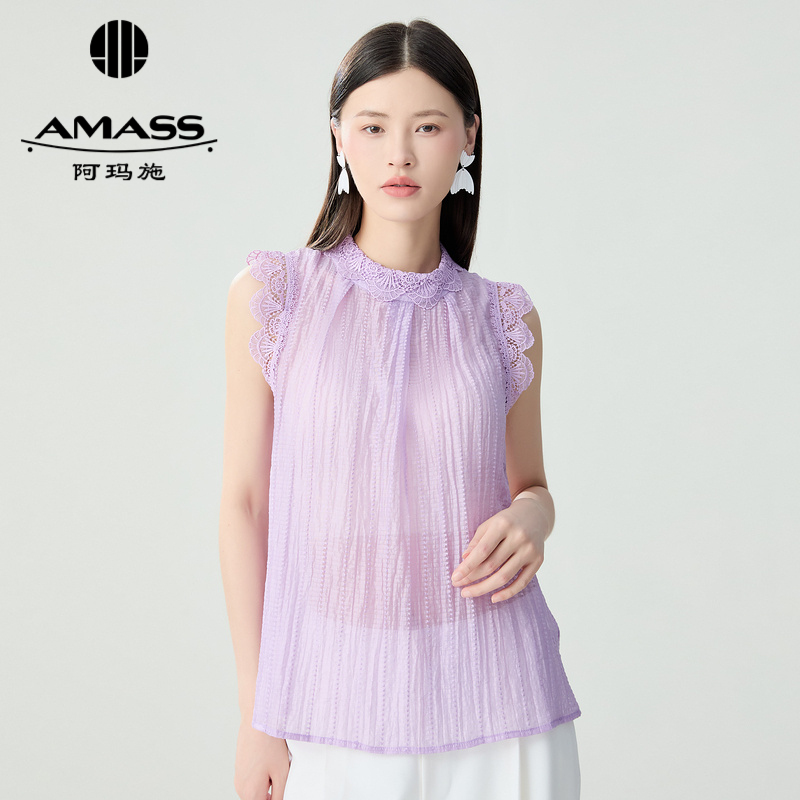阿玛施AMASS 质感通勤蕾丝花边纯色无袖衬衫5300276
