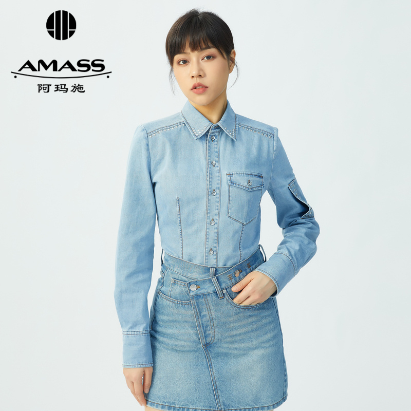 AMASS阿玛施 复古港风收腰牛仔长袖衬衫5300303