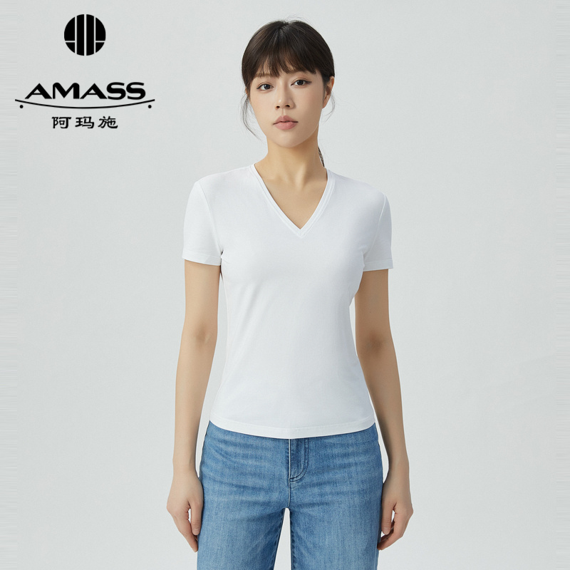 阿玛施AMASS简约素面百搭基础款短袖V领T恤5300424
