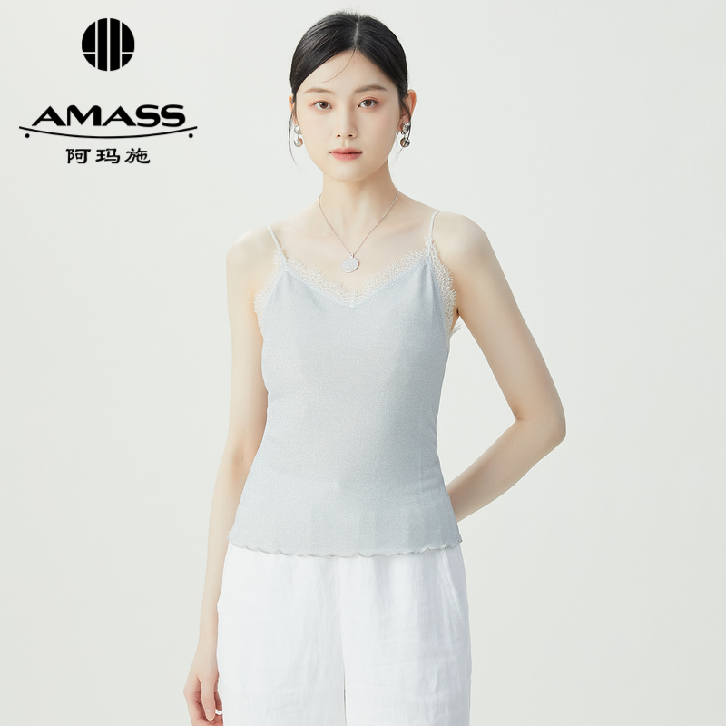 阿玛施AMASS 蕾丝花边拼接百搭细闪银吊带背心5300516