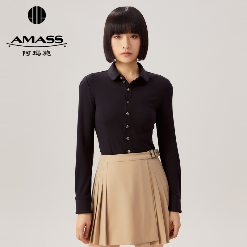 阿玛施AMASS新款修身衬衫长袖纯色女衬衣5300528