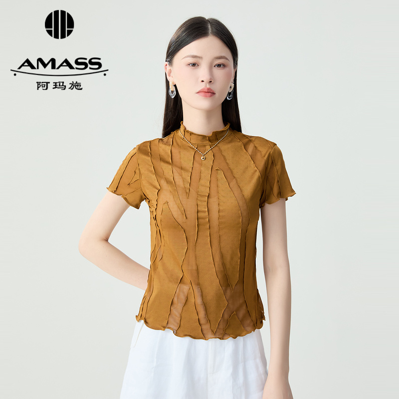 阿玛施AMASS新款百搭休闲透视拼接烟管领短袖T恤女5300603