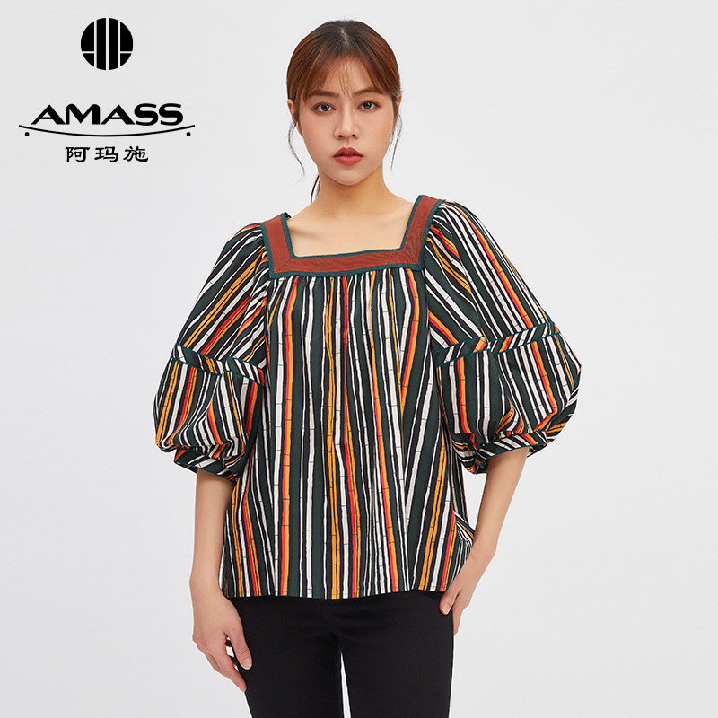 AMASS阿玛施 复古方领条纹泡泡袖衬衣5300627