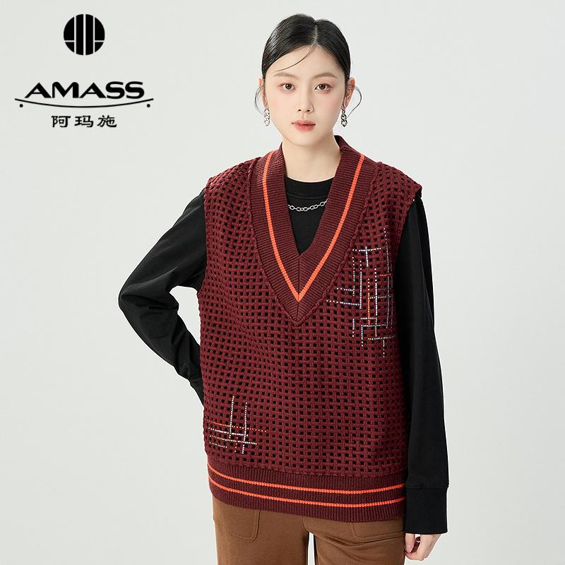 阿玛施AMASS 精致学院风V领镂空格子钉珠针织马甲5300664