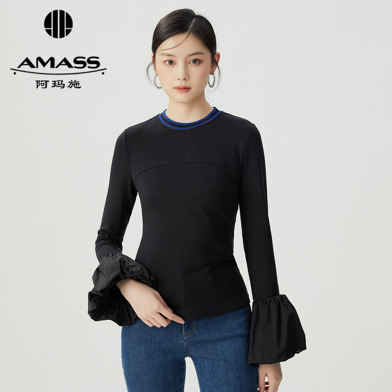 阿玛施AMASS 造型感人鱼花边袖纯色长袖上衣5300705