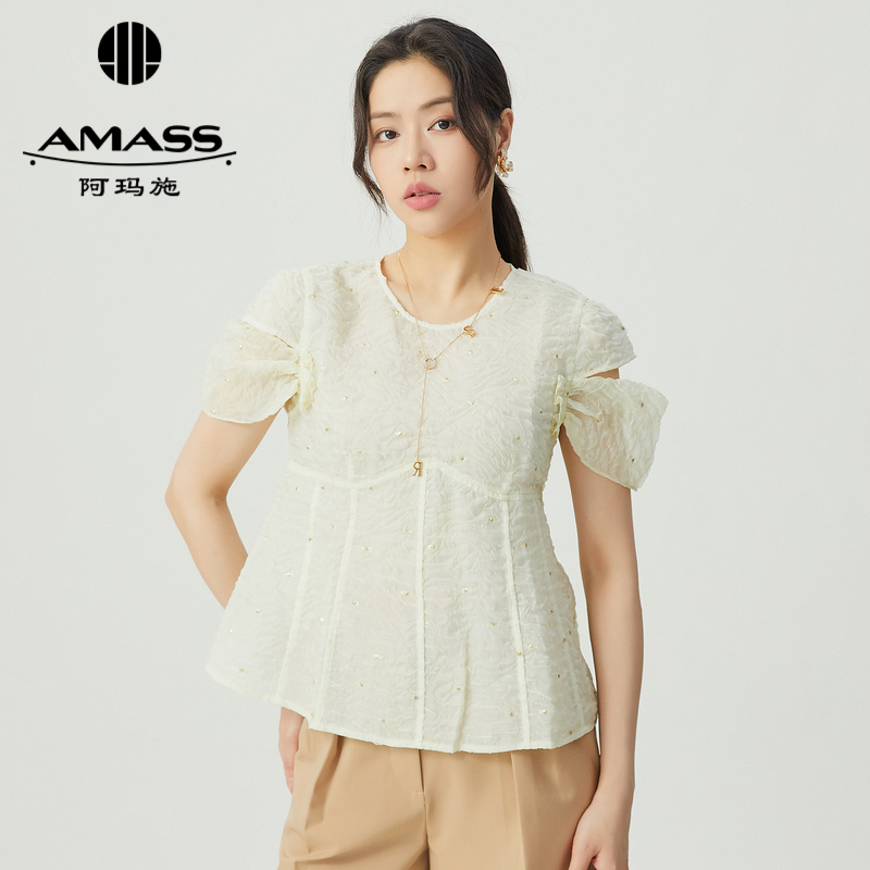 阿玛施AMASS 轻奢重工钉珠肌理感圆领泡泡袖短袖衬衫5300729
