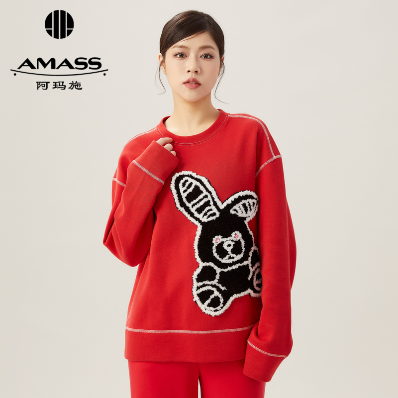 阿玛施AMASS圆领潮流“了不起”兔贴花休闲卫衣5300746