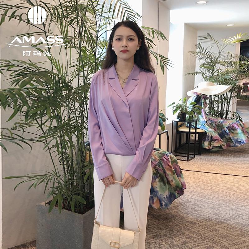 AMASS阿玛施 质感小V领长袖衬衫桑蚕丝衬衣5300788-3