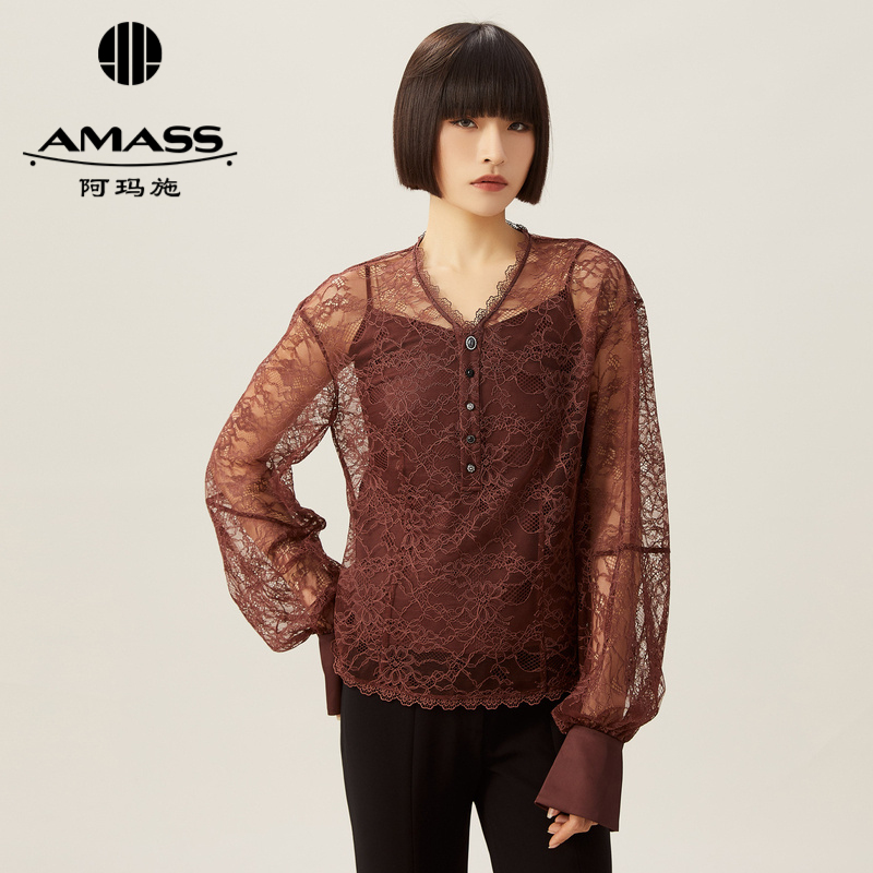 阿玛施AMASS V领蕾丝质感收腰衬衣两件套5300791