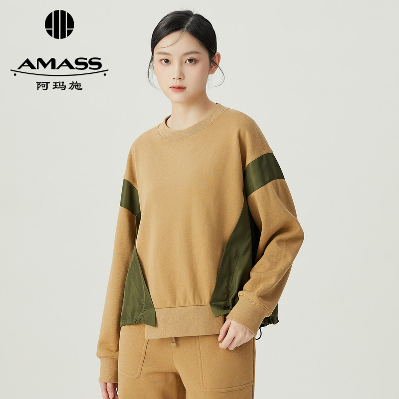 阿玛施AMASS 圆领套头解构拼接撞色休闲卫衣5300801