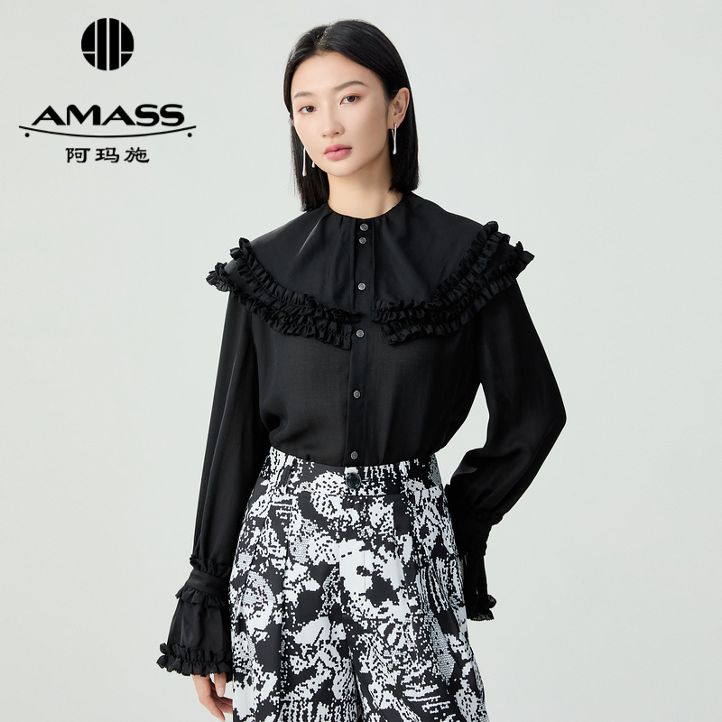 阿玛施AMASS 法式宫廷风优雅浪漫抽褶小圆领荷叶边衬衫5300805