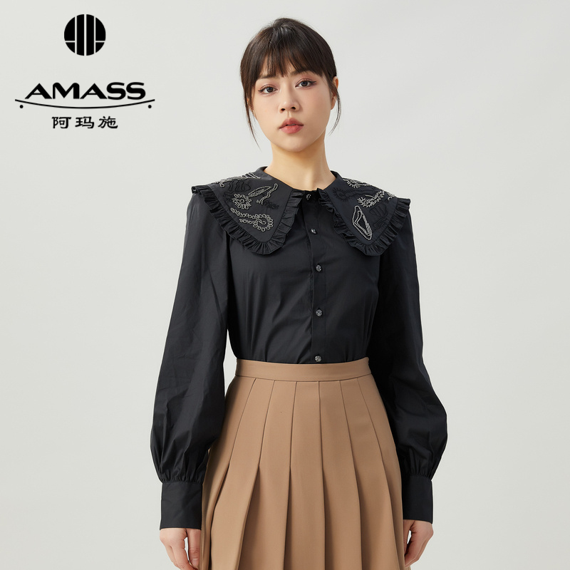 阿玛施AMASS荷叶领钉珠单排扣娃娃衬衫长袖衬衣女5300814