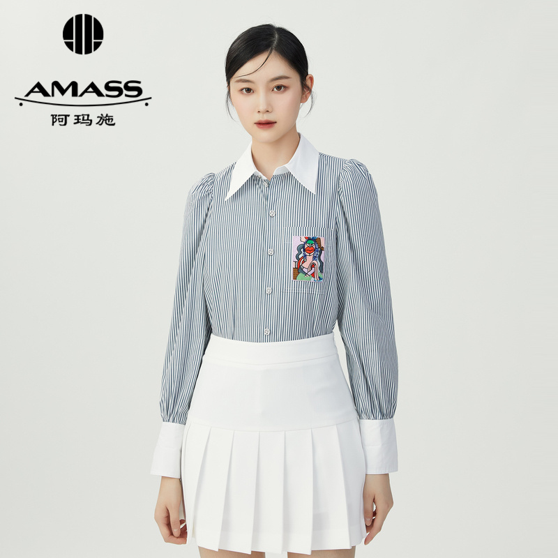 AMASS阿玛施 宫廷风蓝条纹廓形衬衫5300819