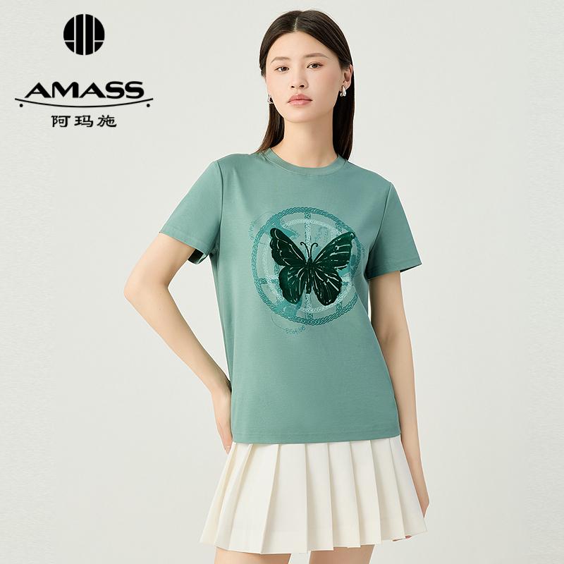 阿玛施AMASS 吉他蝴蝶植绒双色水浆水胶植绒工艺T恤530082