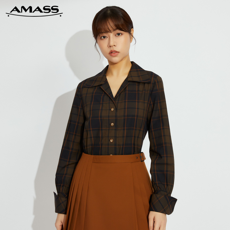 AMASS阿玛施 复古翻领格纹衬衣5300823-2