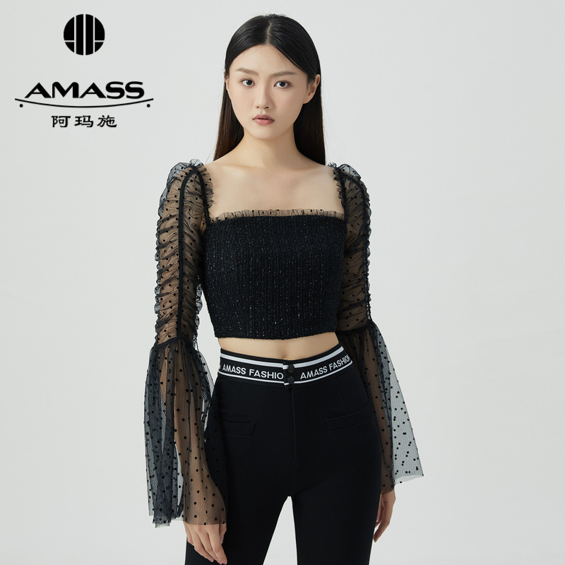阿玛施AMASS 气质方领花呢蕾丝拼接长袖5300840
