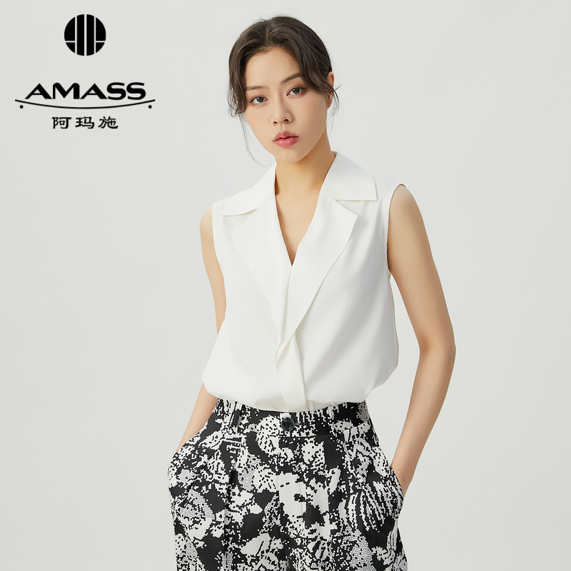 阿玛施AMASS新款质感通勤V领荷叶边桑蚕丝无袖衬衫5300850