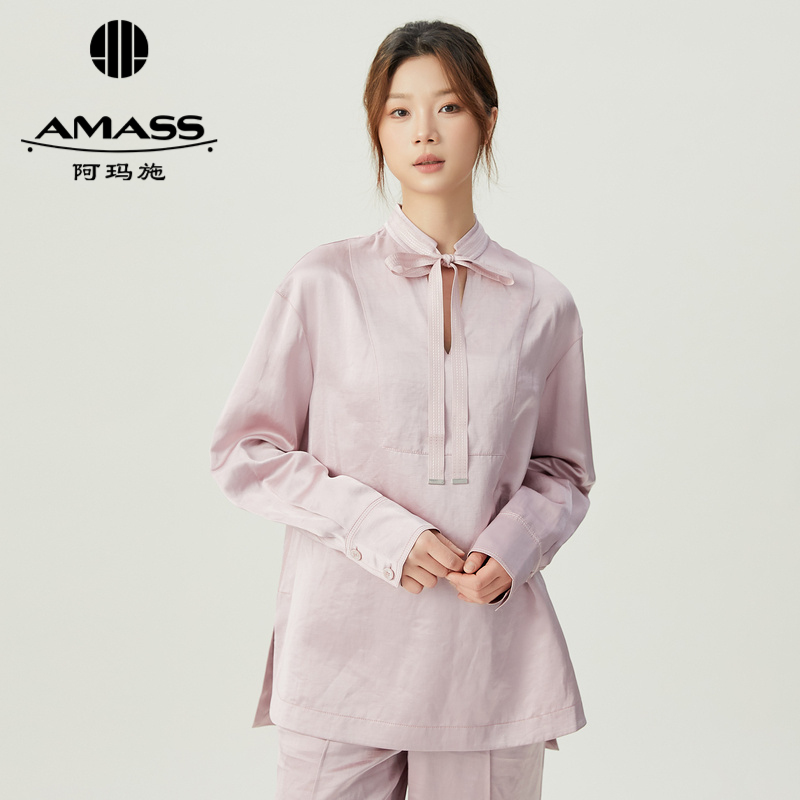 阿玛施AMASS 光泽感质感飘带设计廓形衬衫5300856