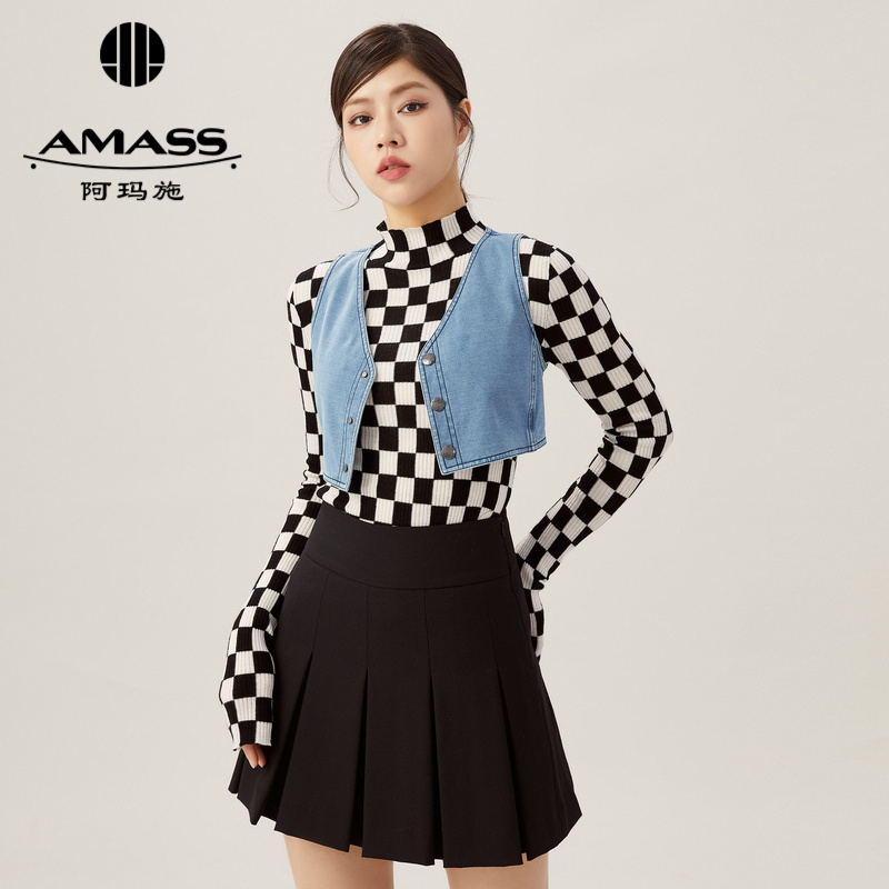阿玛施AMASS 高弹针织牛仔系列造型短款马甲5300875