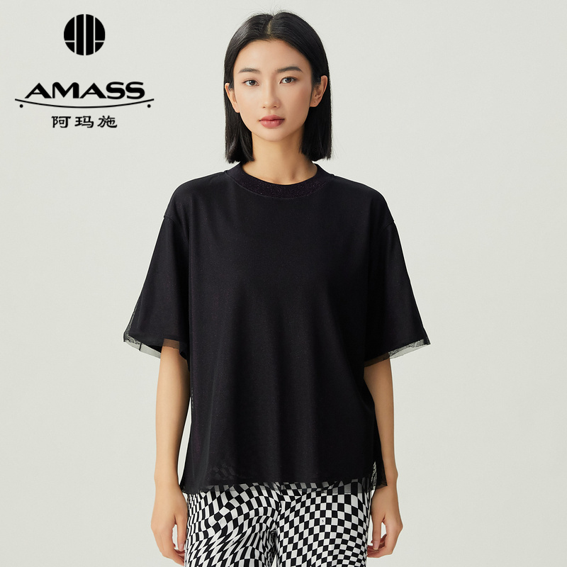阿玛施AMASS 双层细闪网纱造型质感T恤5300880