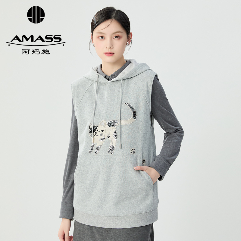 阿玛施AMASS 质感猫咪亮片刺绣休闲无袖连帽卫衣5300881