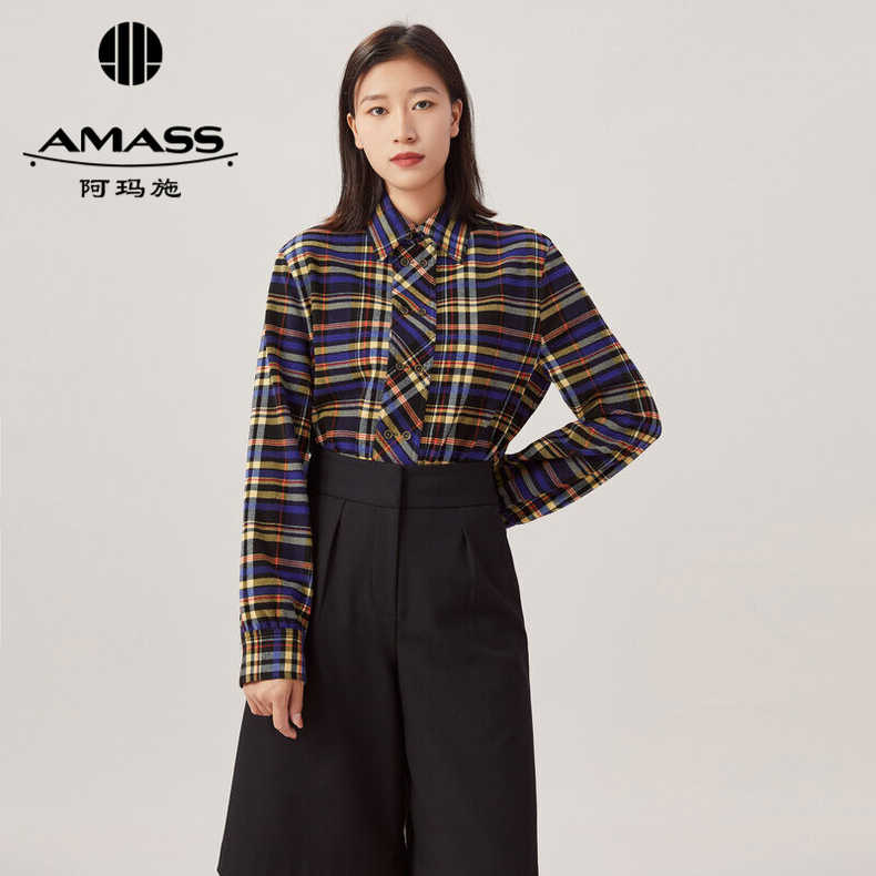 AMASS阿玛施 英伦绿格纹宽松羊毛衬衫5300882