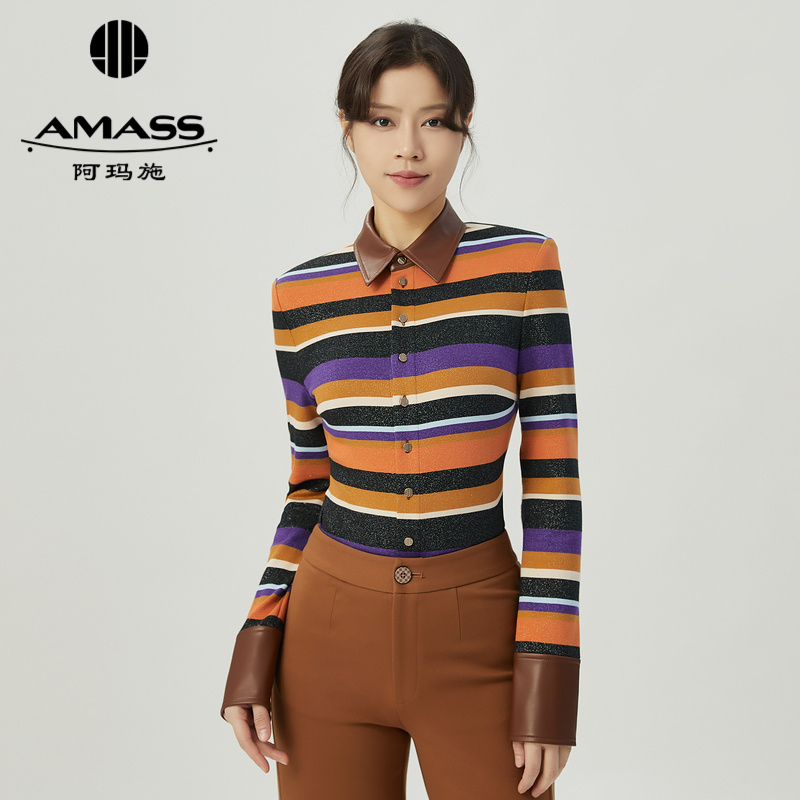 阿玛施AMASS 复古撞色条纹衣领拼皮修身衬衫5300884